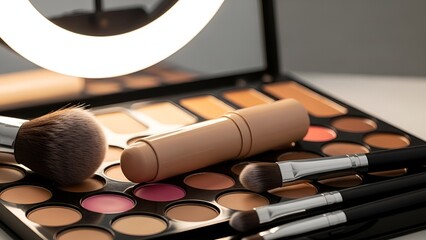 Assortment of professional makeup tools including a palette with various shades, brushes, and a foundation stick, illuminated by a ring light for beauty and cosmetic applications.