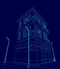 Low poly house model with wireframe structure and street lights, set against a solid blue background.