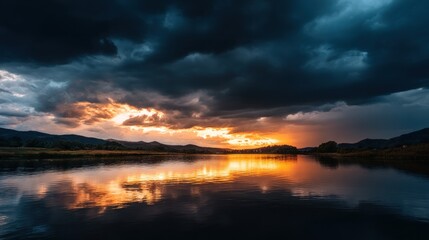 Dramatic sunset over lake with reflections