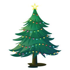Vector christmas tree isolated on transparent background. Beautiful shining Christmas tree with decorations - balls, garlands, bulbs, tinsel, and a golden star at the top, Christmas tree isolated