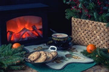 Christmas still life with fireplace  and tea cup