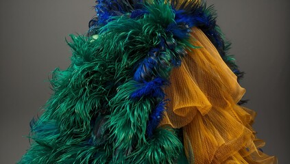 Displaying large feathered garment in studio, with layered green and blue feathers over golden mesh