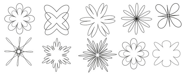 A collection of intricately drawn floral designs and abstract shapes in a black and white illustration