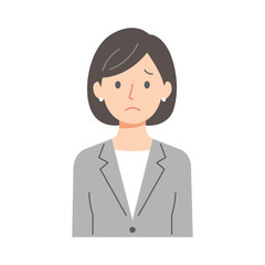 Flat style illustration of a worried businesswoman in formal attire, showing anxiety and concern, symbolizing workplace stress, emotional pressure, uncertainty, and professional difficulties.