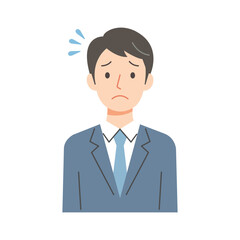 Flat style illustration of a worried businessman in a suit, looking confused and anxious with a troubled expression, representing workplace stress, pressure, uncertainty, and emotional burden