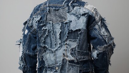 Displaying model wearing patchwork denim jacket in studio, showing frayed threads, metal button