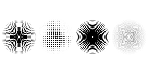 Black concentric circle set. Sonar or sound wave ring collection. Dotted and linear epicentre, target, radar icon concept. Ripple radial signal or vibration elements. Vector line and halftone symbols