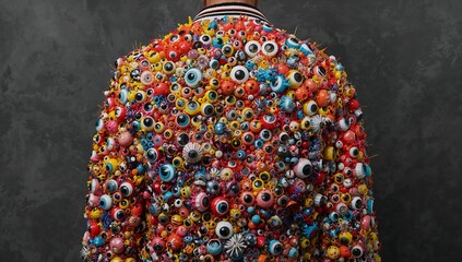 Displaying adult model wearing densely decorated bomber jacket in studio, with eye-shaped trinkets