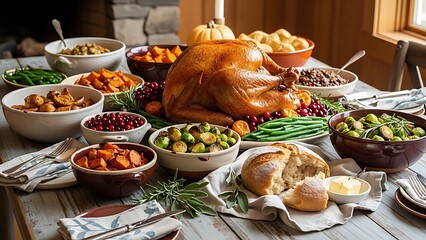 Feast spread featuring roasted turkey and holiday sides
