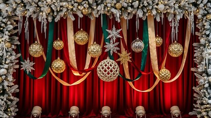 Elegant holiday stage backdrop with gold ornaments and velvet