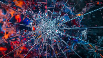 Showing shattered glass pane with impact center in studio, refracting red orange blue purple light