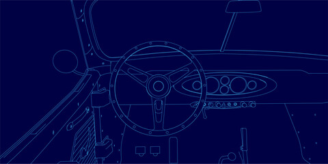 Retro sport car interior blueprint with steering wheel and speedometer contours on a deep blue background.