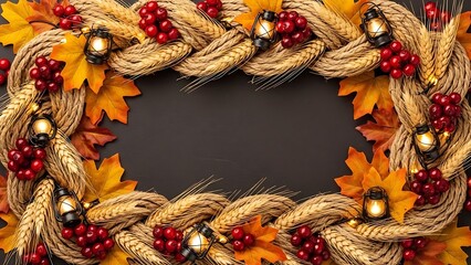 Harvest wreath frame with glowing lanterns and berries