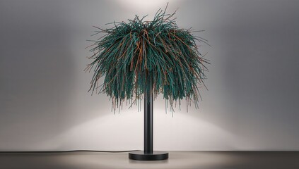Glowing lamp with tufted teal copper shade, black stem, cord casting warm light on studio wall