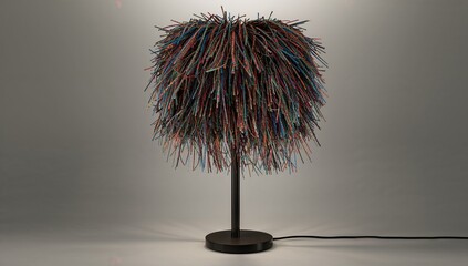 Displaying table lamp with colorful shaggy shade on smooth tabletop in studio with black power cord