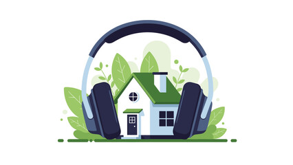 A house wearing headphones surrounded by greenery on a white background with a green roof and chimney