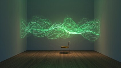 Highlighting single chair with metal legs sitting under spotlight in gallery, with green waveform