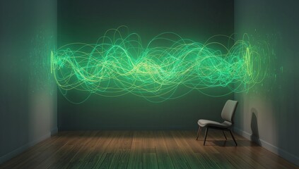 Glowing neon-green waveform spanning far wall, illuminating wooden plank floor and chair shadow