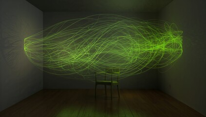 Hovering green light installation surrounding wooden chair in gallery, casting reflections on floor