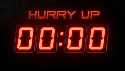 Glowing red seven-seg timer showing 00:00 on dark textured panel, with HURRY UP logo