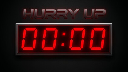 Displaying countdown timer showing red seven-segment 00:00 on dark wall, with metal frame HURRY UP