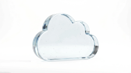 Transparent glass cloud icon on white abstract background, symbolizing cloud computing, data storage, technology innovation, digital communication, and modern minimalism
