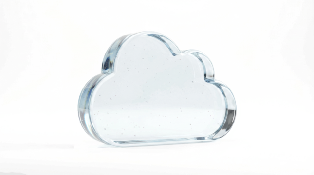 Transparent glass cloud icon on white abstract background, symbolizing cloud computing, data storage, technology innovation, digital communication, and modern minimalism - Powered by Adobe