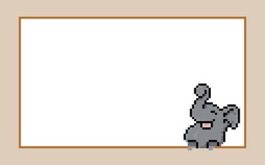 Cute pixel art elephant holding a blank frame. Happy retro 8-bit gray animal mascot peeking at a white greeting card or text box template.