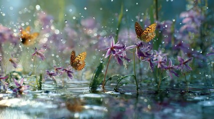 Vibrant Butterflies Dancing Above Delicate Purple Flowers in a Rainy Forest, Capturing Nature’s Beauty and Serenity in a Colorful Landscape
