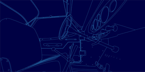 Retro sport car interior blueprint with steering wheel and speedometer contours against a deep blue background.