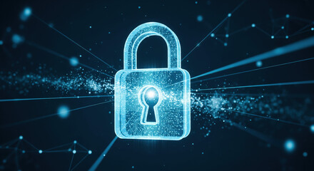 Glowing blue padlock with digital particles on dark background with lines