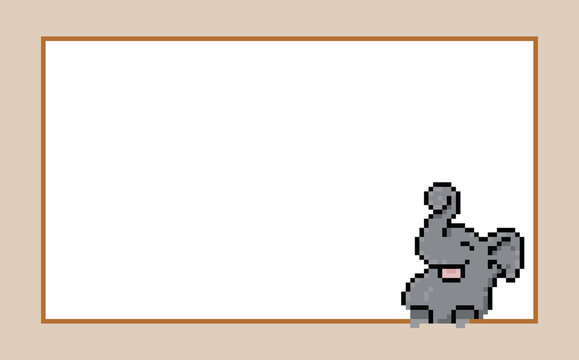 Cute pixel art elephant holding a blank frame. Happy retro 8-bit gray animal mascot peeking at a white greeting card or text box template. - Powered by Adobe
