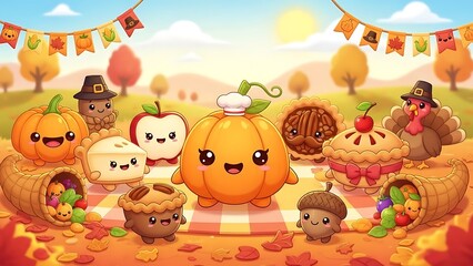 Cute kawaii harvest friends celebrate autumn festivities outdoors