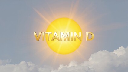 Radiating stylized sun featuring gold 3D VITAMIN D text in open sky with lens-flare clouds