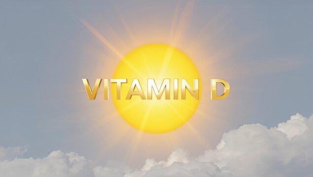Radiating stylized sun featuring gold 3D VITAMIN D text in open sky with lens-flare clouds - Powered by Adobe
