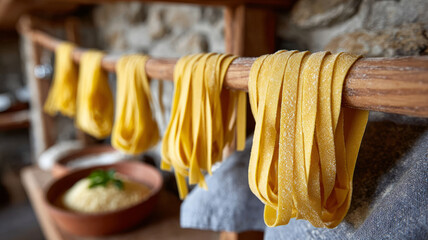 Fresh homemade pasta hanging in a rustic kitchen setting.