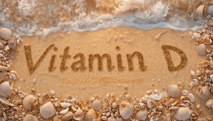 Showing carved words Vitamin D resting on wet sand at shoreline, with seashells and sea foam