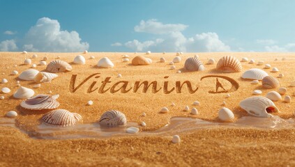 Displaying handwritten Vitamin D text centered on sandy coastal shoreline, with shells and puddles