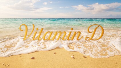 Glowing golden Vitamin D text overlay sitting on sunlit beach, with seashells and surf foam