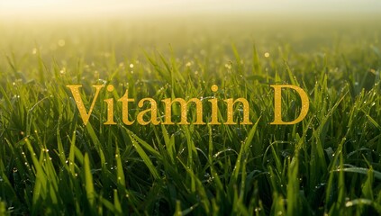 Shining green grass blades catching warm backlight on lawn with dew-drops bokeh gold Vitamin D text