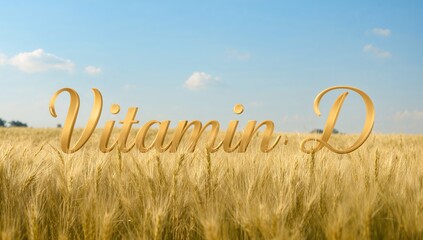Displaying gold cursive text Vitamin D overlaying wheat field under blue sky with distant trees