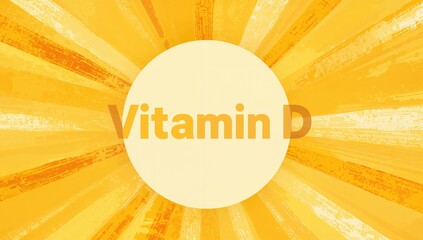 Featuring centered pale cream circular disk displaying Vitamin D text on poster, with sunburst rays