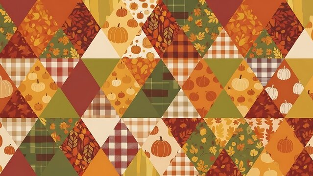 Vibrant autumn quilt pattern with pumpkins and leaves