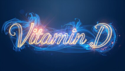 Glowing cursive Vitamin D lettering emitting gold neon on navy gradient, with blue swirls