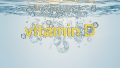 Floating yellow 3D vitamin D text shimmering beneath water surface, with bubbles adhering