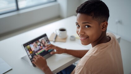 Editing student in beige tee using touchscreen tablet at desk near large window, with mug, laptop