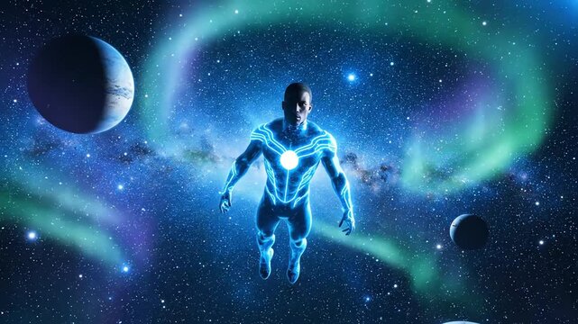 Superhuman floating in cosmic nebula with planets.