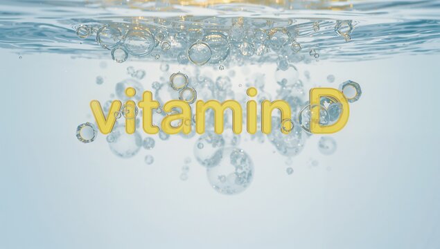Floating yellow 3D vitamin D text shimmering beneath water surface, with bubbles adhering - Powered by Adobe