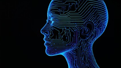 Glowing neon-blue circuit head silhouette sitting right on black background, showing nodes and halo