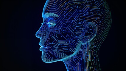 Glowing neon circuit-head silhouette showing left-profile contours in dark virtual void, with nodes